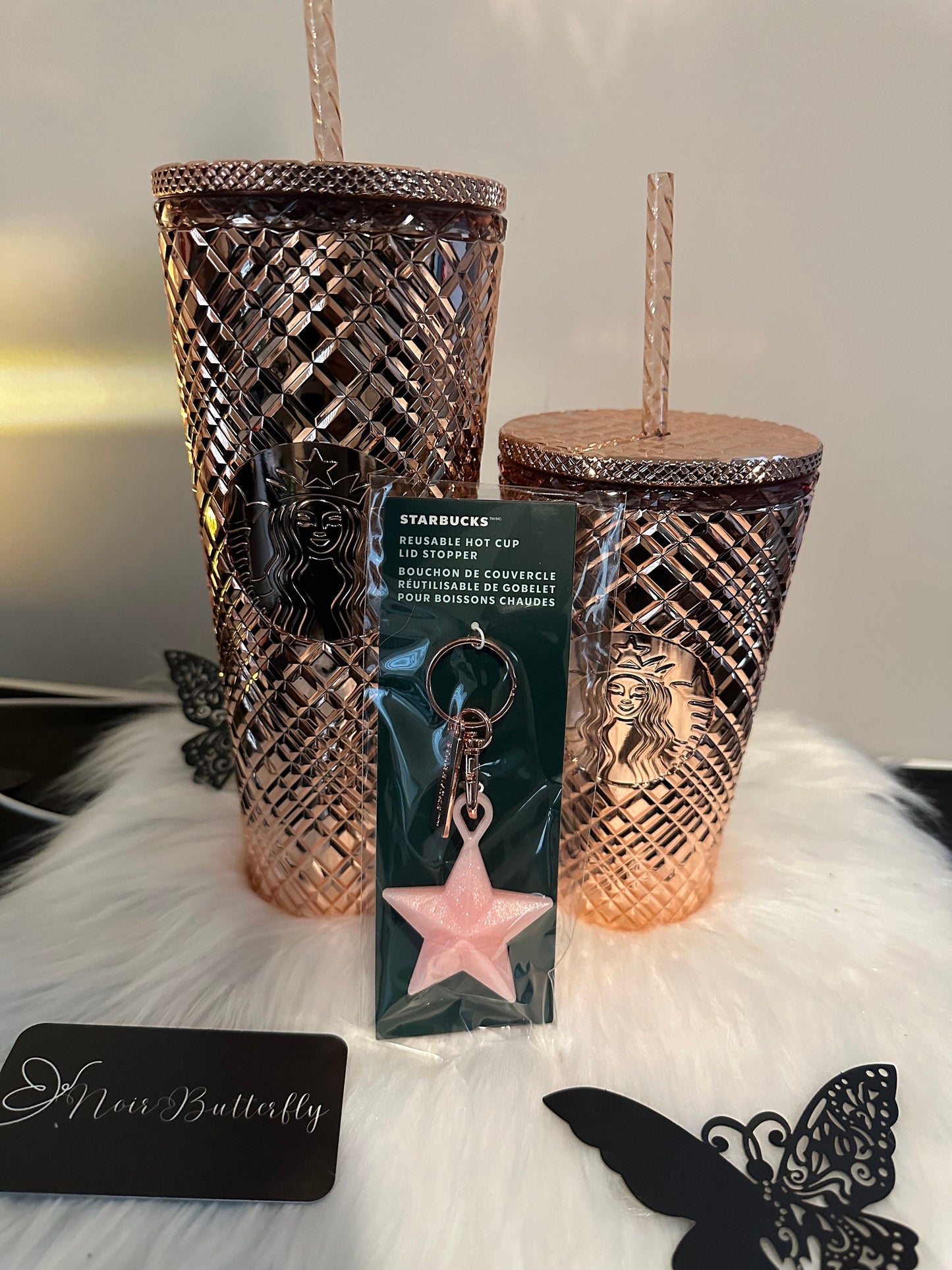 2023 Christmas Collection AUTHENTIC NEW STARBUCKS Rose Gold Jeweled Cold Cup Tumbler Set with Star Stopper**Limited Edition Holiday Tumbler*