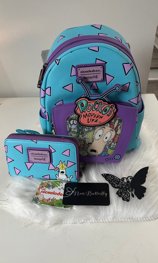 2023 AUTHENTIC LOUNGEFLY NICKELODEON Rocko's Modern Life Lenticular TV Backpack and Wallet Set Limited Edition